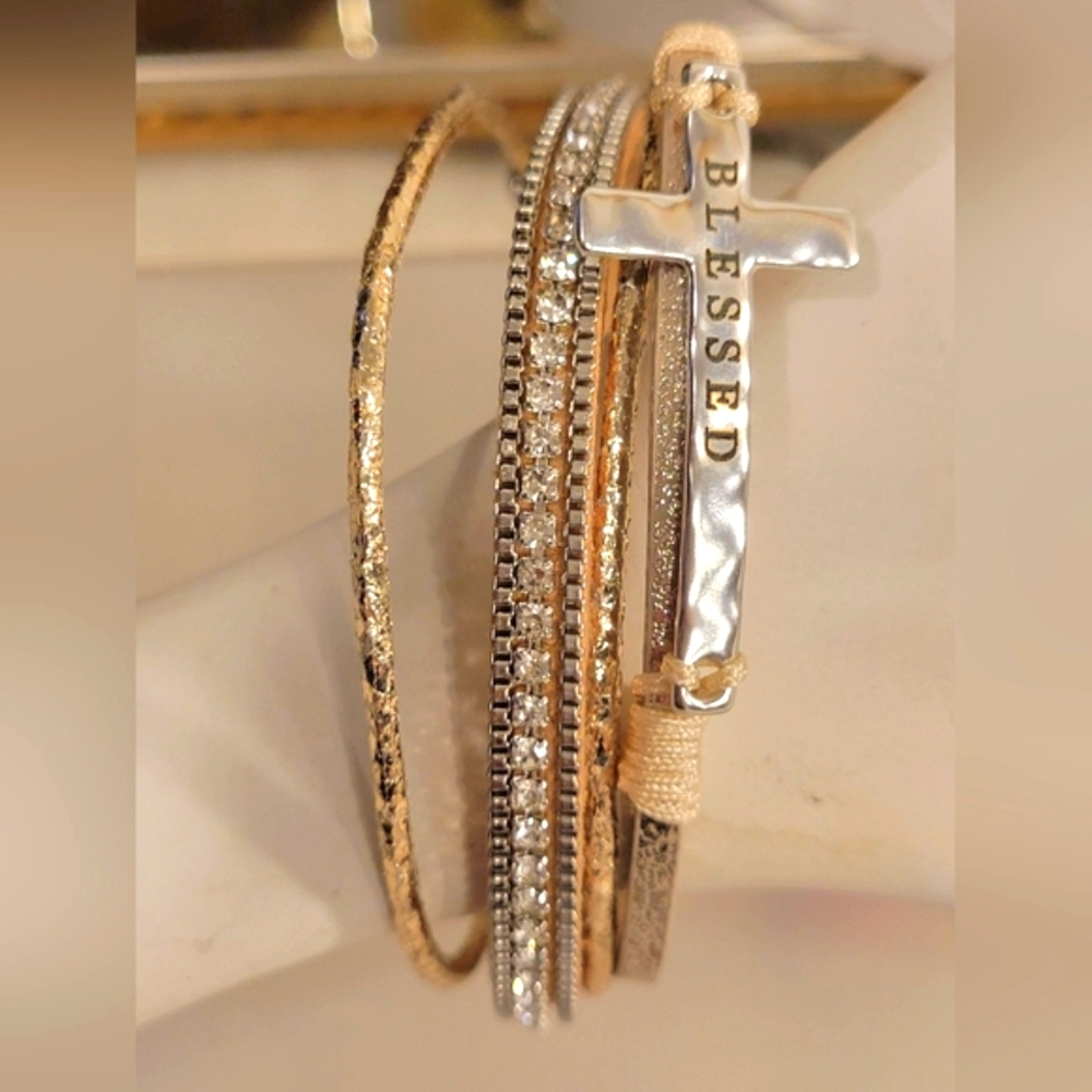 Stunning Multilayer Cross "Blessed" Crystal Bracelet. Magnet Closure